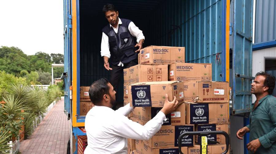 Emergency medical supplies prepared by WHO and Pakistan ahead of the monsoon season to support flood response and disease outbreak prevention.