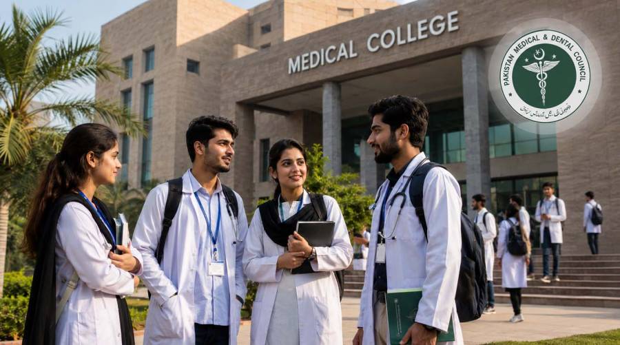Students stand outside a public medical college after PMDC approves 475 additional seats in Punjab's government medical institutions.