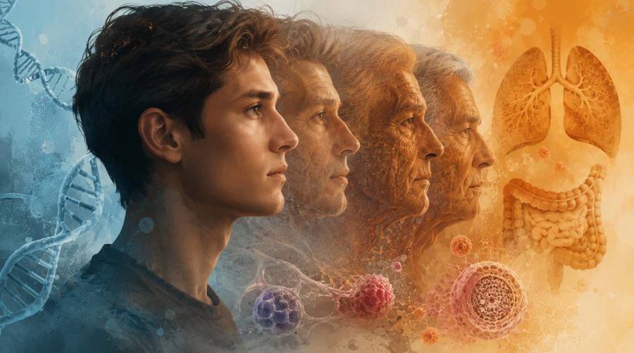 Illustration showing biological aging linked to increased risk of early-onset cancer in young adults.