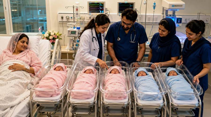 AI-generated illustration of a mother with quintuplets receiving care from medical staff in a hospital neonatal and maternity unit.