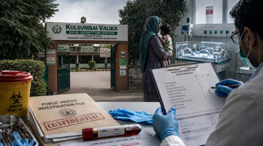 Representative illustration depicting the growing HIV outbreak linked to Karachi's Kulsoom Bai Valika Hospital, highlighting patient safety concerns, regulatory investigations and infection prevention failures.