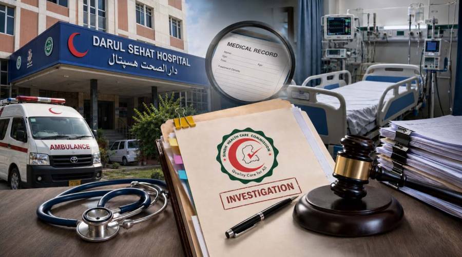Representative AI-generated illustration depicting Sindh Healthcare Commission's investigation into the reported patient death at Darul Sehat Hospital in Karachi, featuring symbolic hospital, medical records and legal review elements.