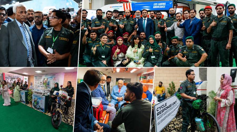 SIEHS Experience Zone showcasing emergency response vehicles, telemedicine services and CPR demonstrations at Healthcare Expo & Conference 2026 in Karachi.