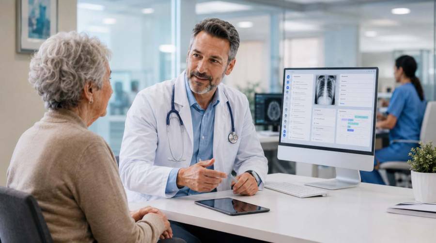 Doctor reviewing patient information with AI-assisted healthcare technology in a modern hospital.