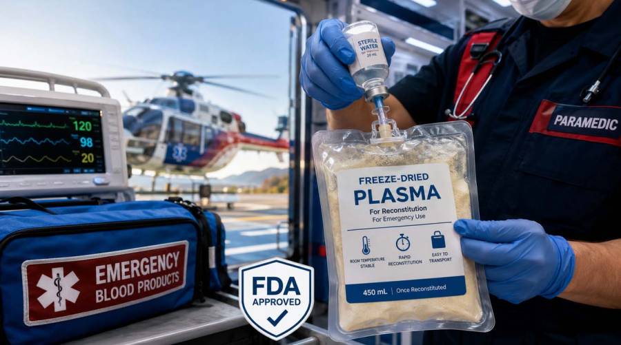 Freeze-dried plasma product approved by the US FDA for emergency blood transfusions in trauma and disaster care.