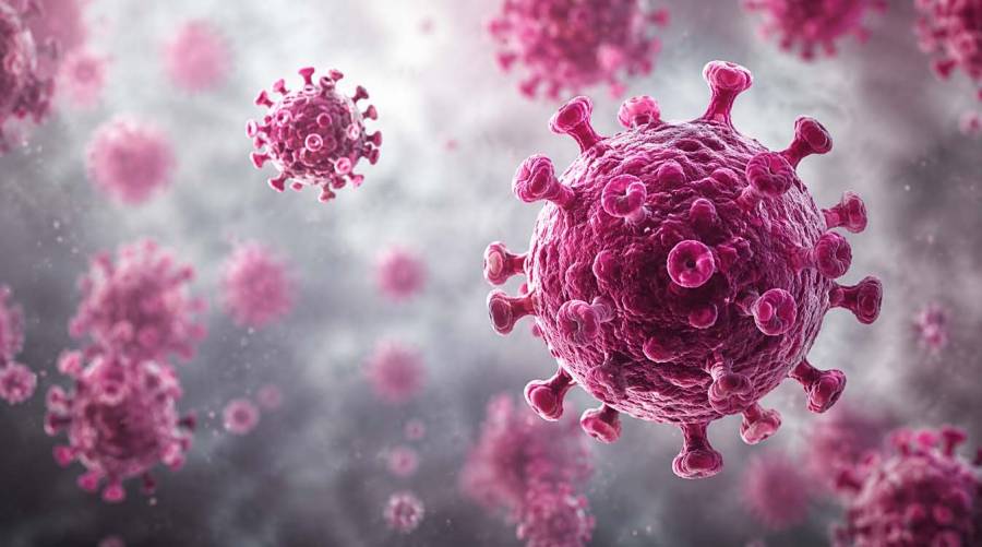 Illustration showing SARS-CoV-2 alongside dormant viruses such as Epstein-Barr virus, herpesviruses and Anelloviridae, representing viral reactivation during severe COVID-19.