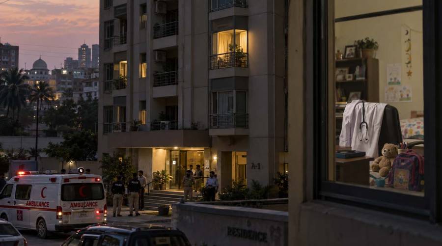 Police investigate the deaths of a doctor, his wife and three daughters found dead in an Ahsanabad apartment in Karachi