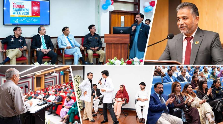 Collage of Dr Muhammad Sabir Memon, other speakers and attendees during the Trauma Awareness Week 2026 closing ceremony at Dow University of Health Sciences in Karachi.
