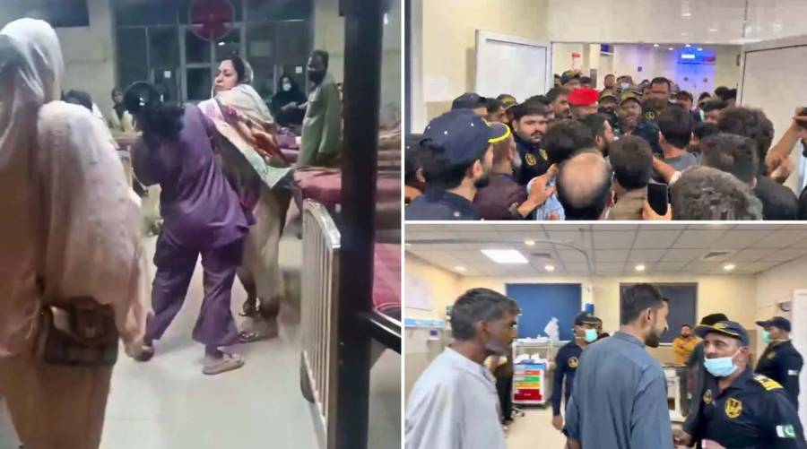 Collage of mobile phone video footage showing reported incidents at Dow University Hospital in Karachi and Gulab Devi Hospital in Lahore.