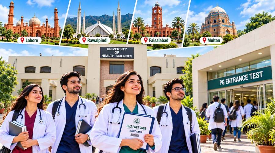 Official UHS PGET 2026 notice showing roll-number ranges, examination centres in Lahore, Faisalabad, Rawalpindi and Multan, and October 25 exam instructions.