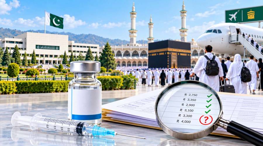 Illustrative image of a vaccine vial, syringe and pricing documents with Hajj pilgrims and the Kaaba in the background, representing Pakistan’s Hajj vaccine price controversy.