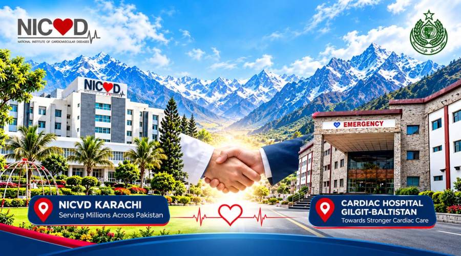 Illustration depicting NICVD and a cardiac hospital in Gilgit-Baltistan joining hands in a partnership to strengthen cardiac healthcare.