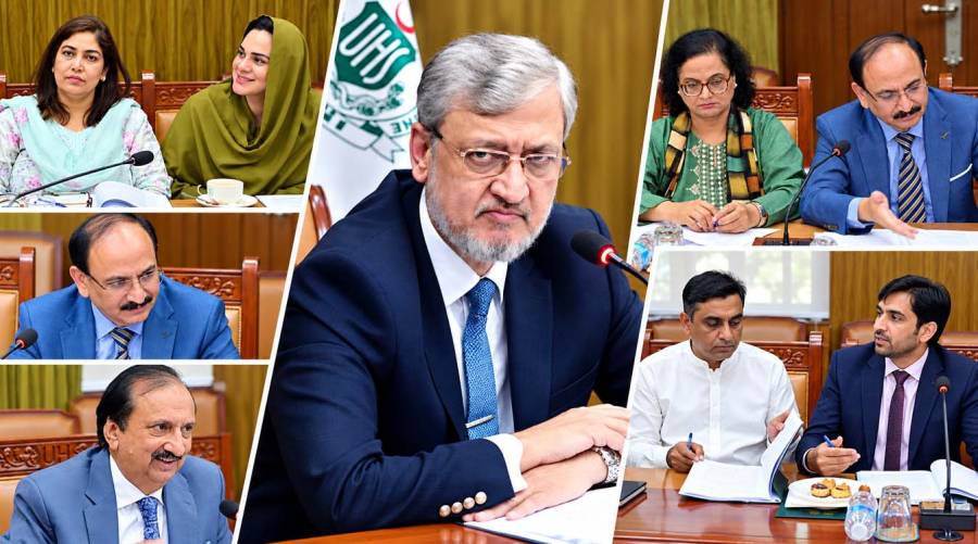 Collage of images from the University of Health Sciences Lahore’s 96th Syndicate meeting chaired by Vice Chancellor Maj Gen (retd) Prof Dr Sohail Sabir.