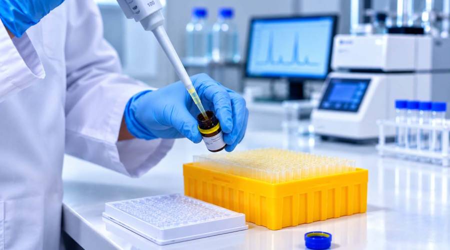 Laboratory analyst wearing blue gloves uses a micropipette to examine a medicine sample in a pharmaceutical quality-control laboratory.
